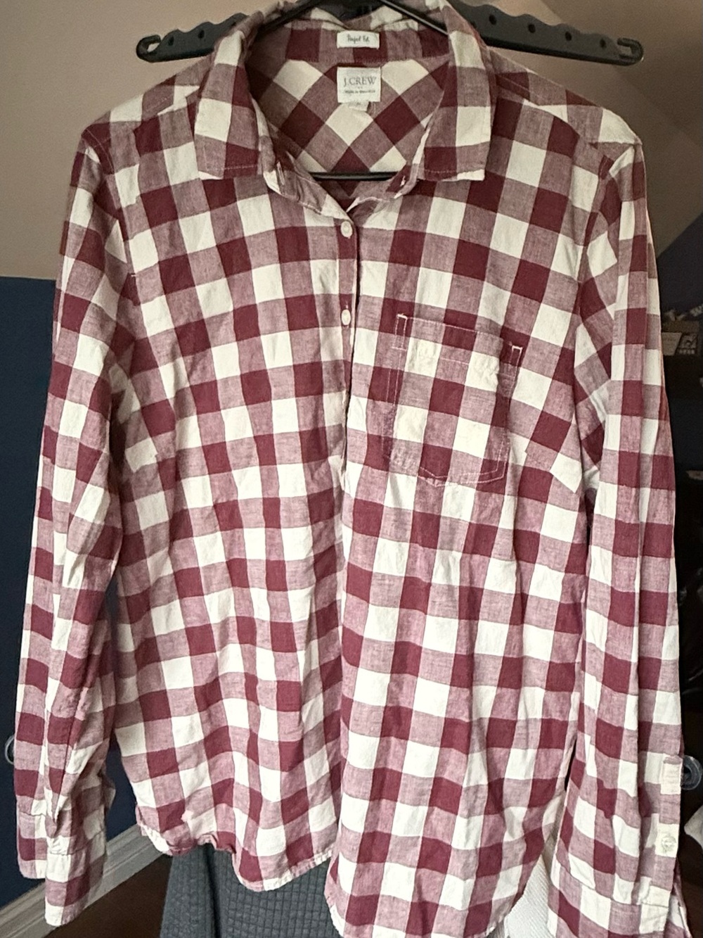 J.Crew Perfect Fit Women’s XL Burgundy Ivory Gingham Button Down Shirt G0899